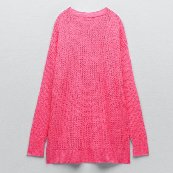 NEW Zara Light Weight Oversized Open Knit Longline Tunic Sweater Neon Pink M - Picture 8 of 9